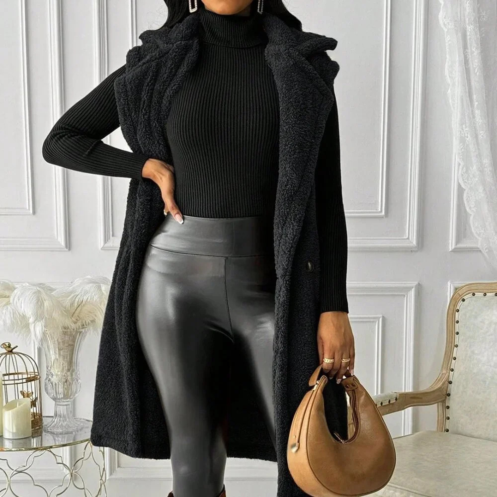 Black Casual Women's Fleece Turndown Collar